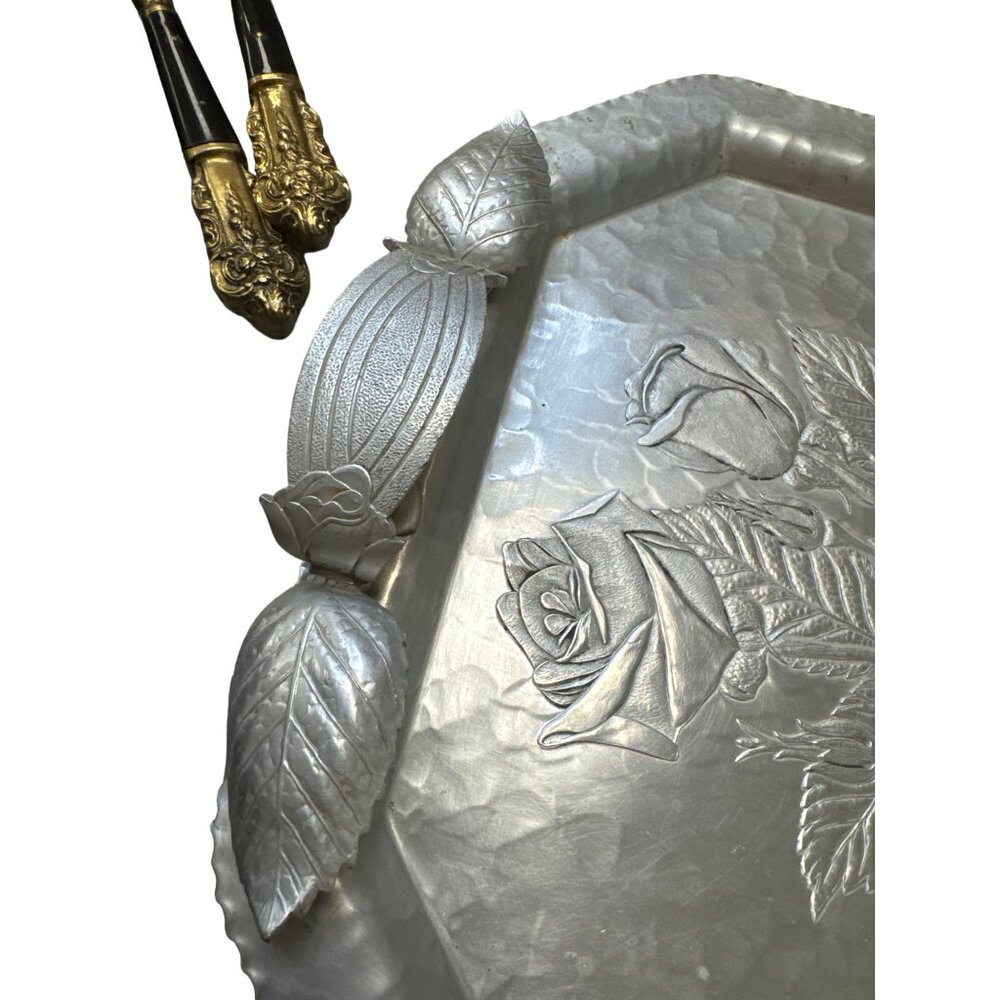 Trade Continental Rose floral hand wrought 855 silver look tray SKU 3712 - Picture 4 of 9